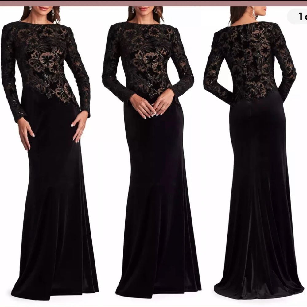 NWT TADASHI Shoji Gatlin Sequin Burnout Velvet Gown in Black